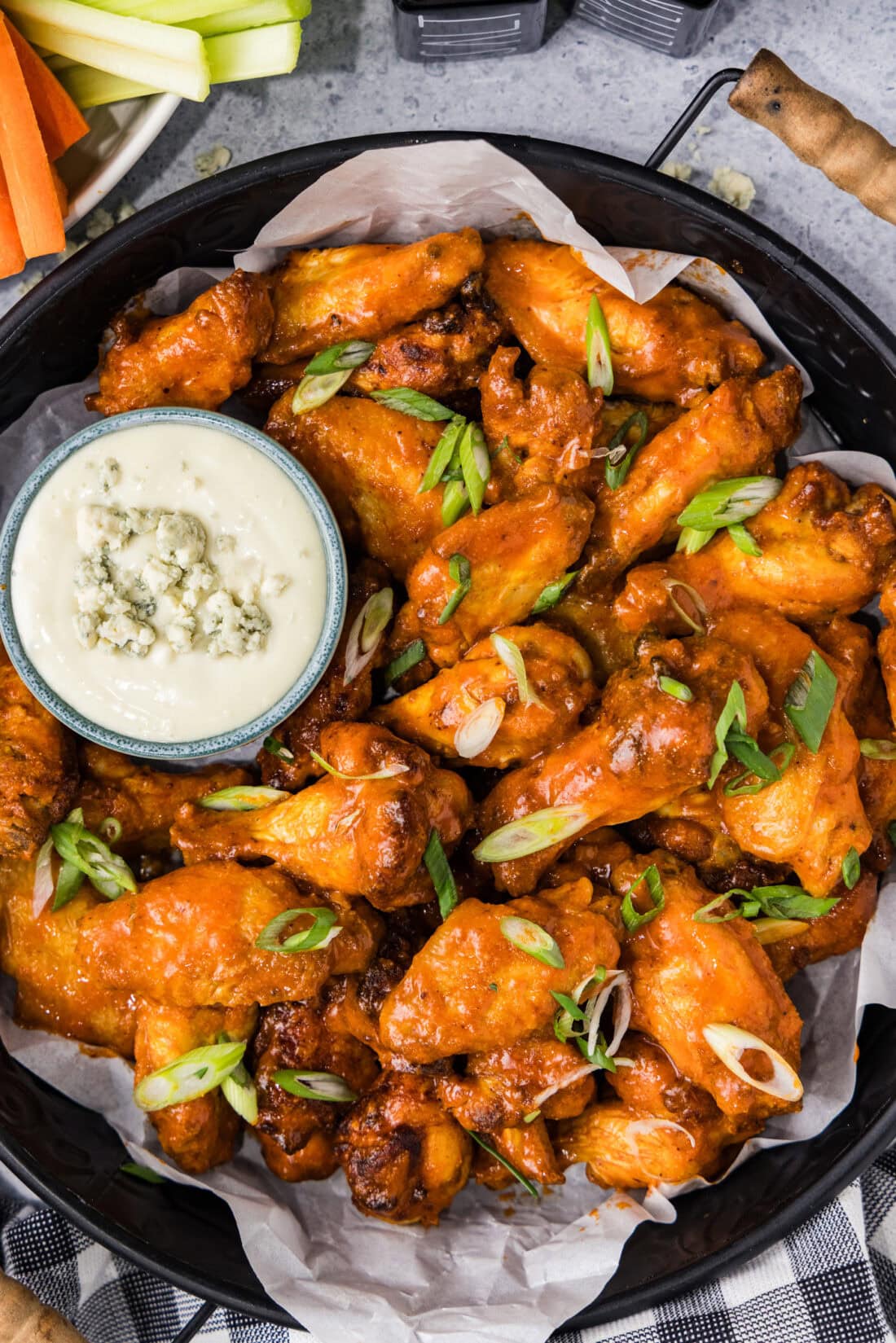 Close up photo of a platter of Buffalo Chicken Wings