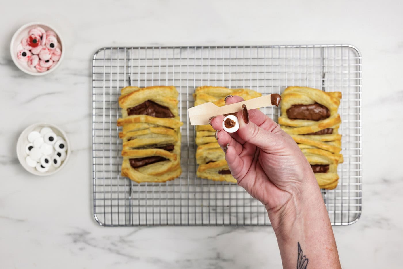 back of candy eyeball with a small amount of nutella