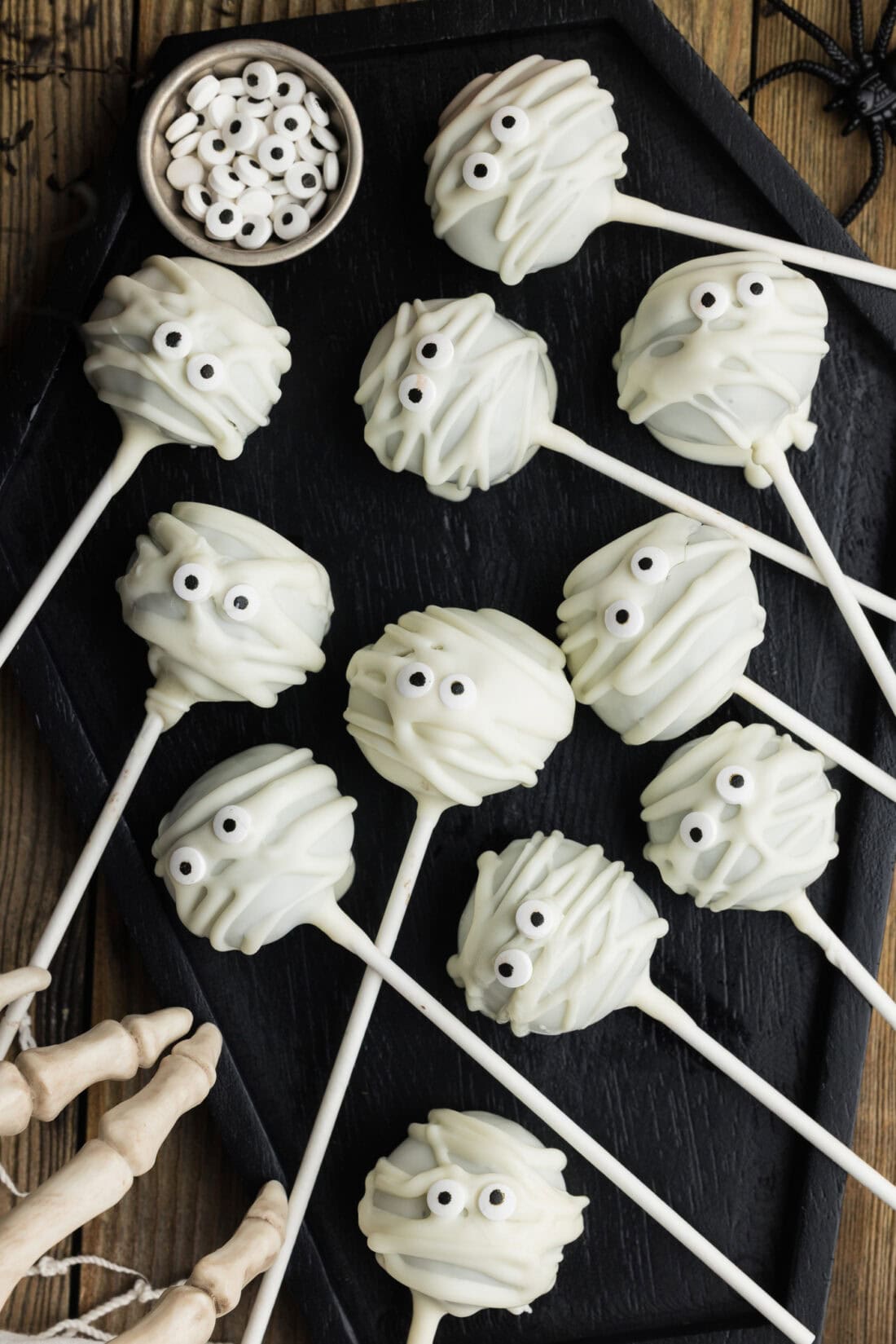 Close up photo of Mummy Pops in a black tray
