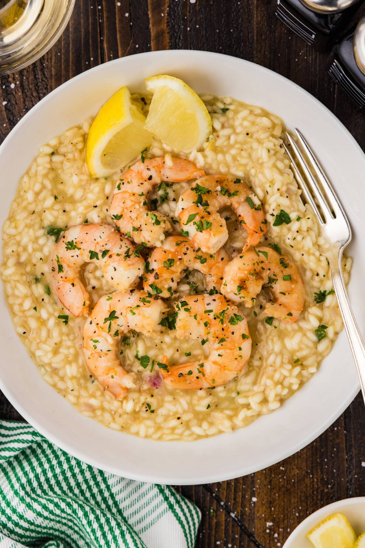 Bowl of Shrimp Risotto with a fork in it