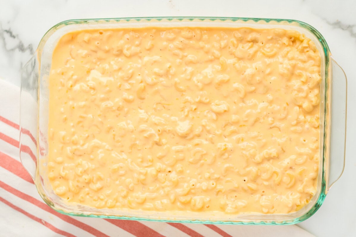 Macaroni and cheese sauce in a 9x13 pan