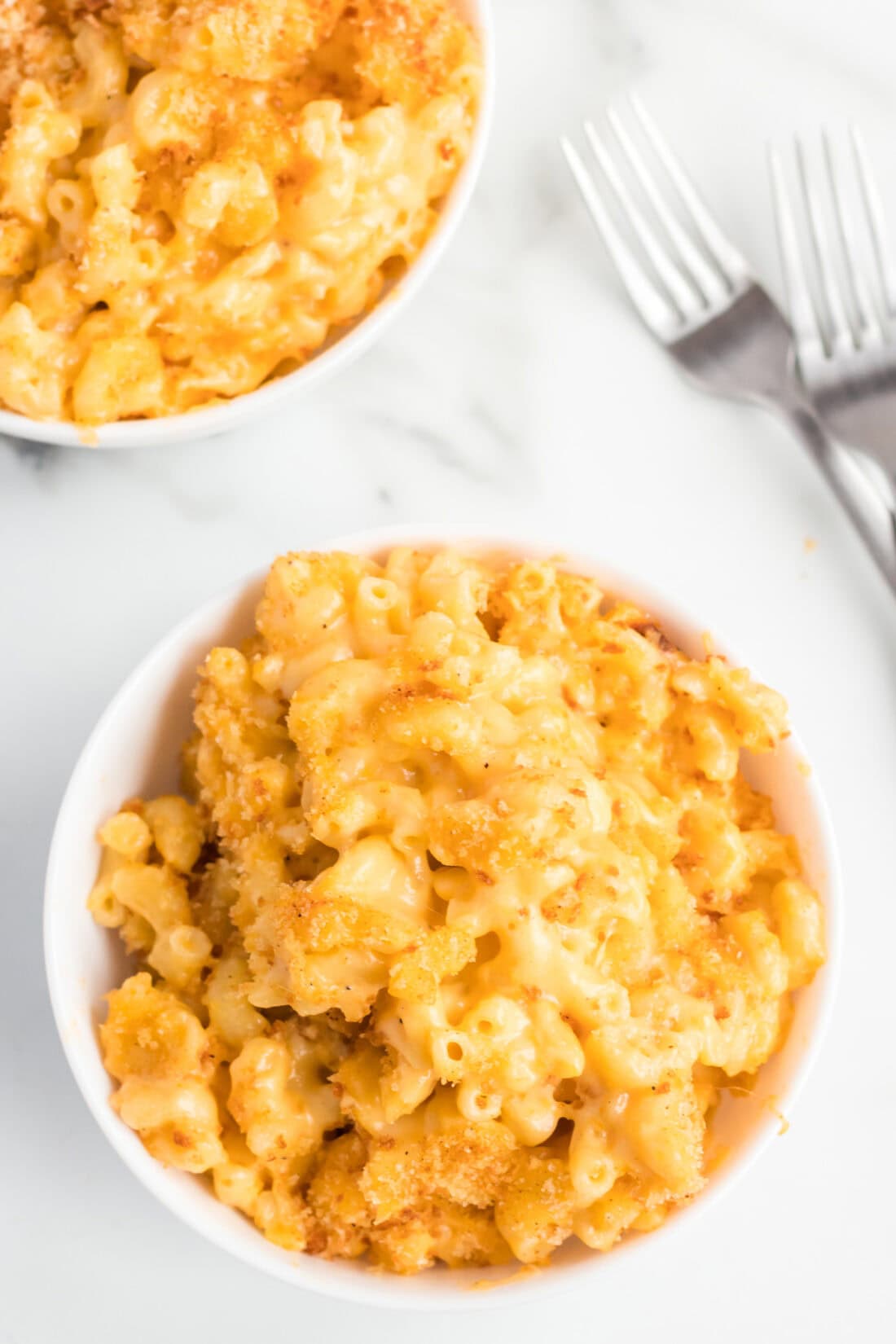Overhead photo of a bowl of Baked Macaroni and Cheese