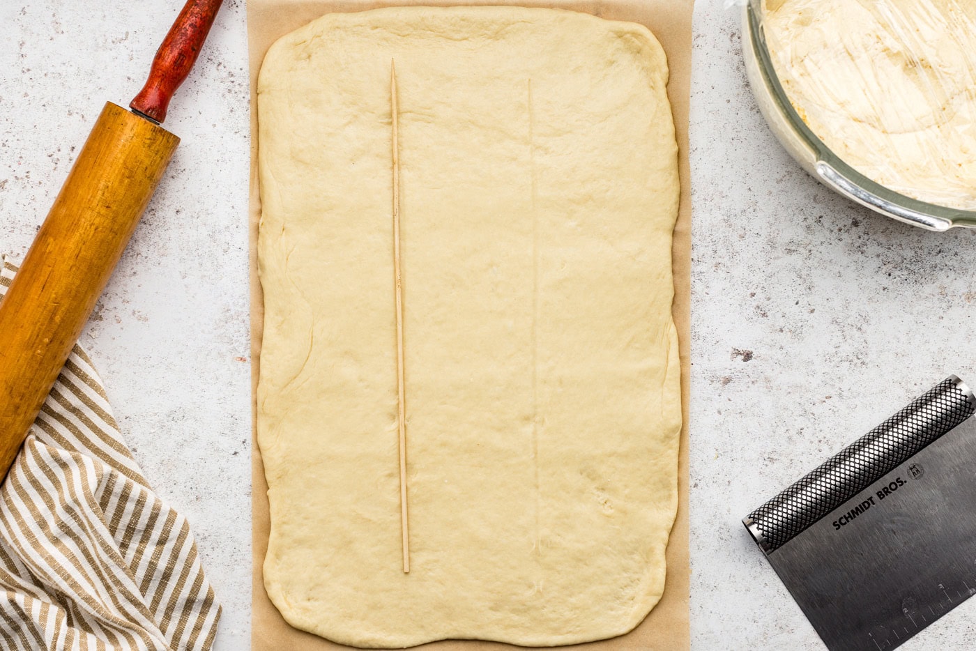 dough rectangle marked with lines