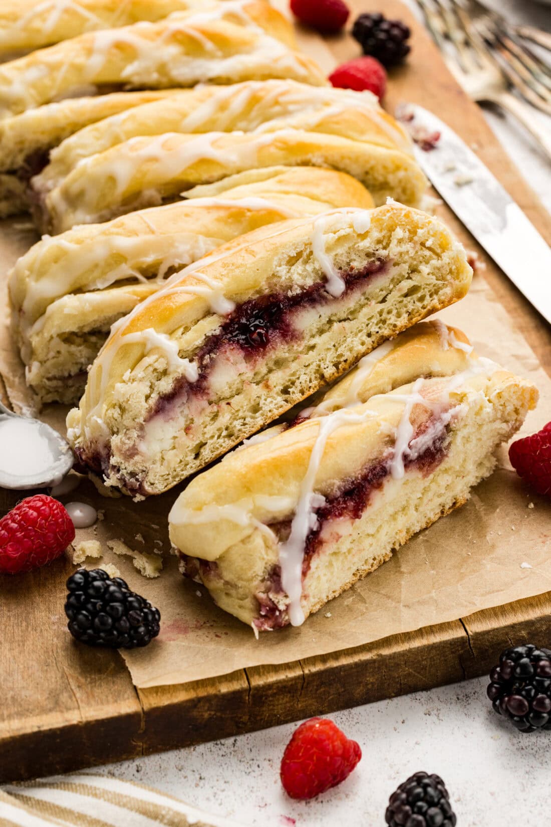 Pile of Braided Breakfast Danish on parchment paper
