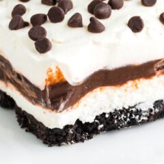 slice of chocolate lasagna - a chocolate pudding and cream cheese layered dessert