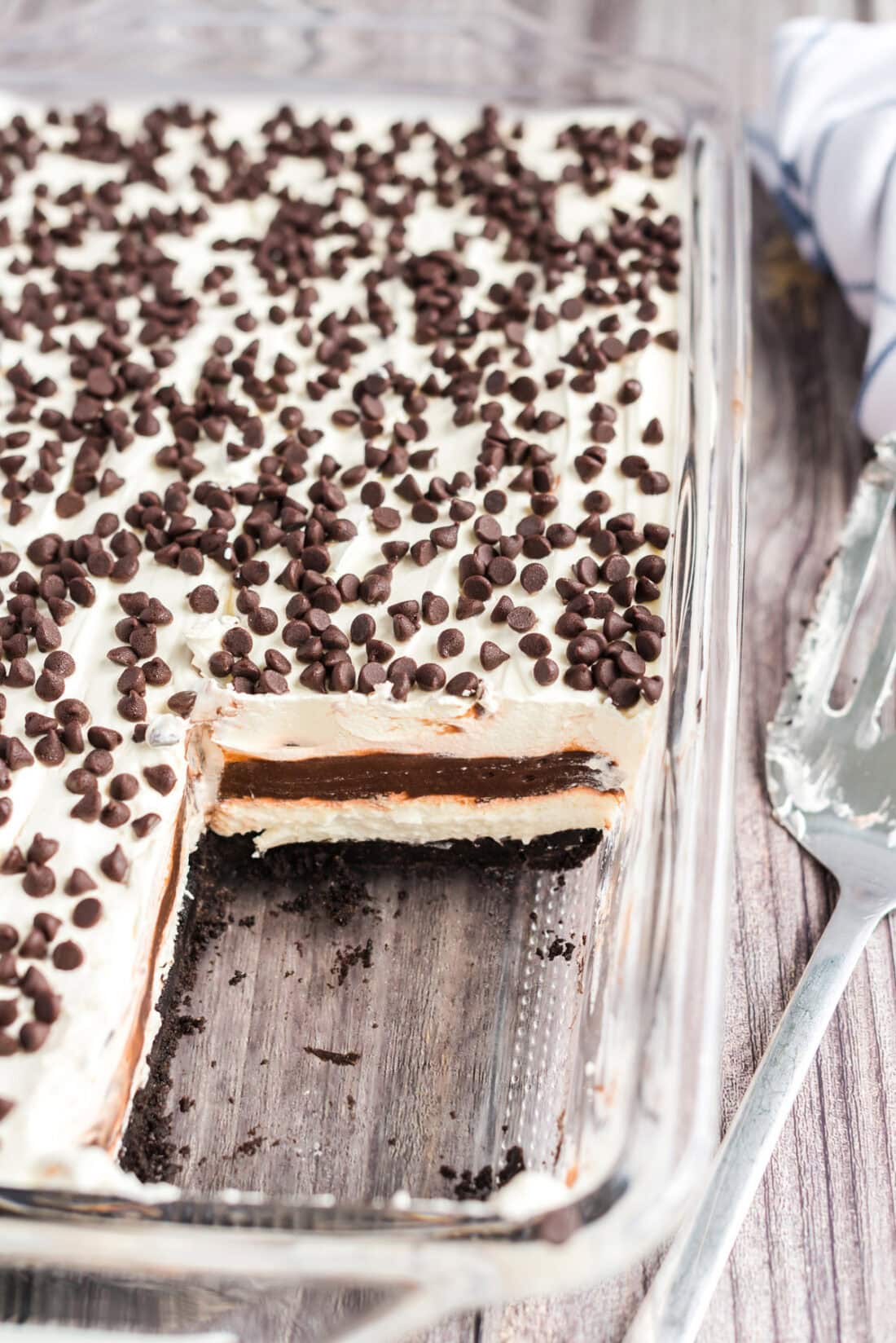 Pan of Chocolate Lasagna with a slice removed
