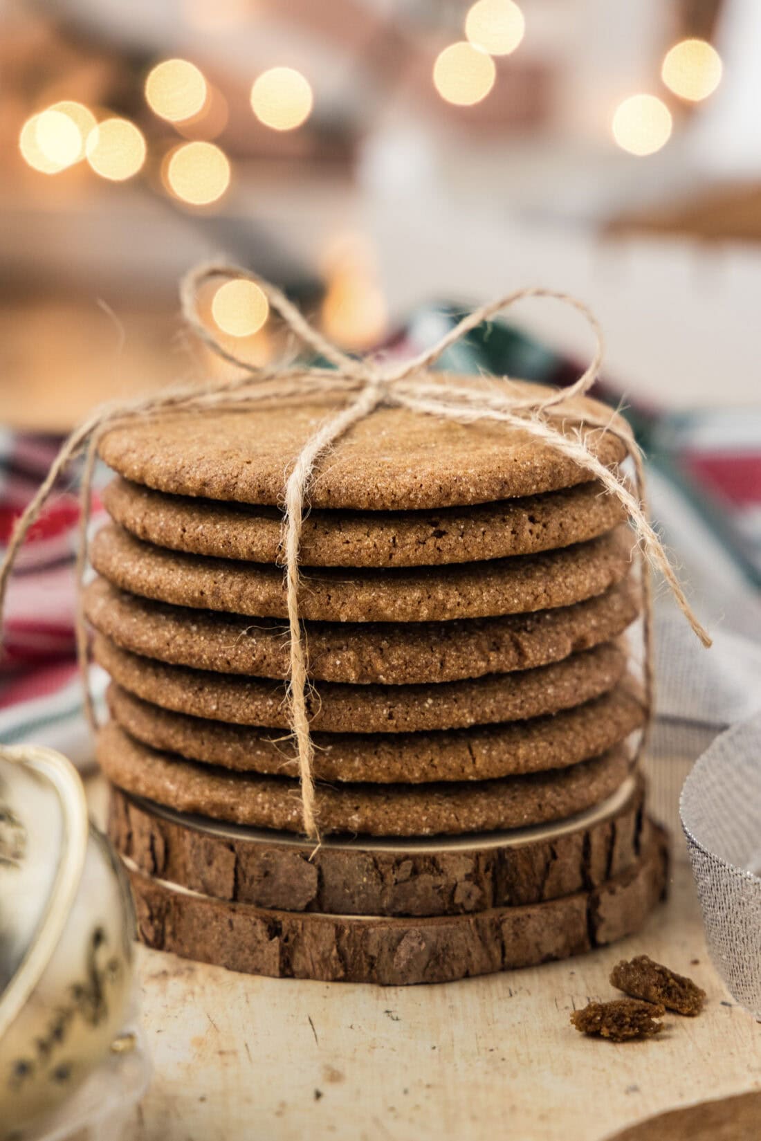Stack of Crispy Gingersnap Cookies wrapped in twine