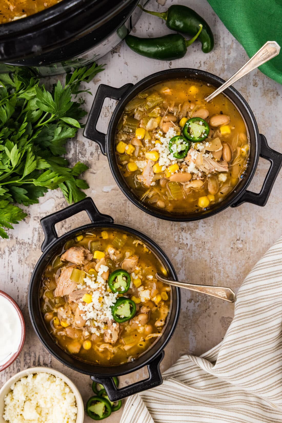 Two bowls of Crockpot White Chicken Chili