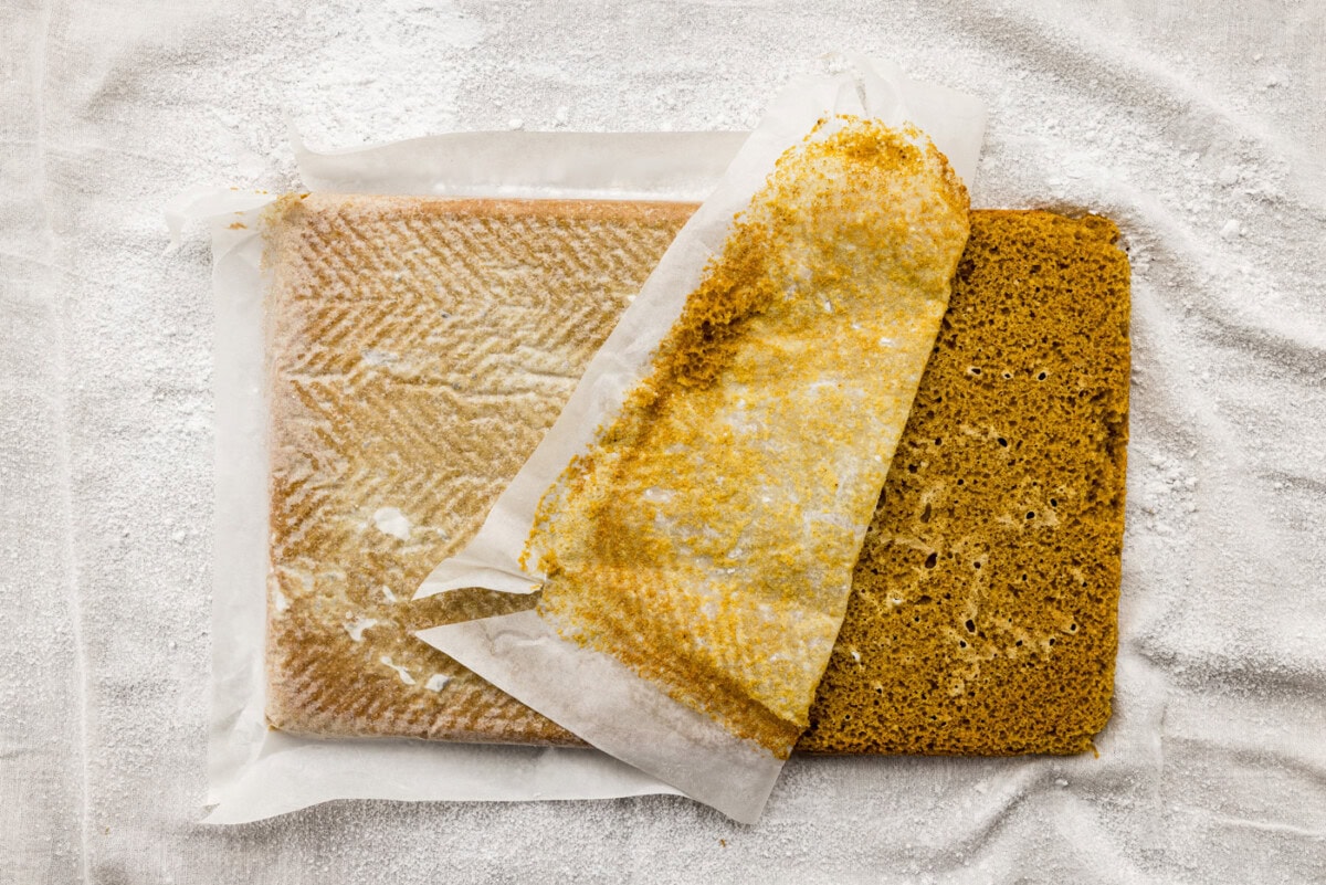 removing parchment paper from the bottom of the pumpin cake