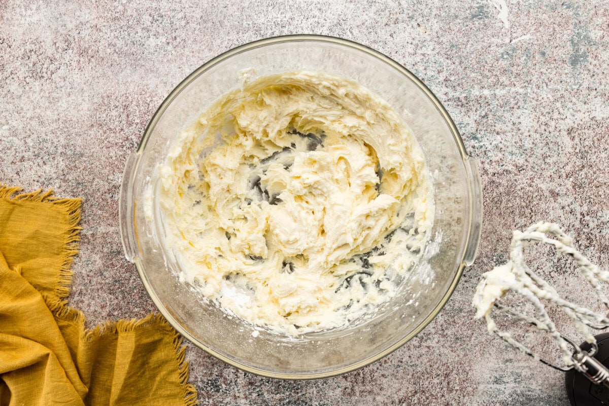 cream cheese frosting in a mixing bowl