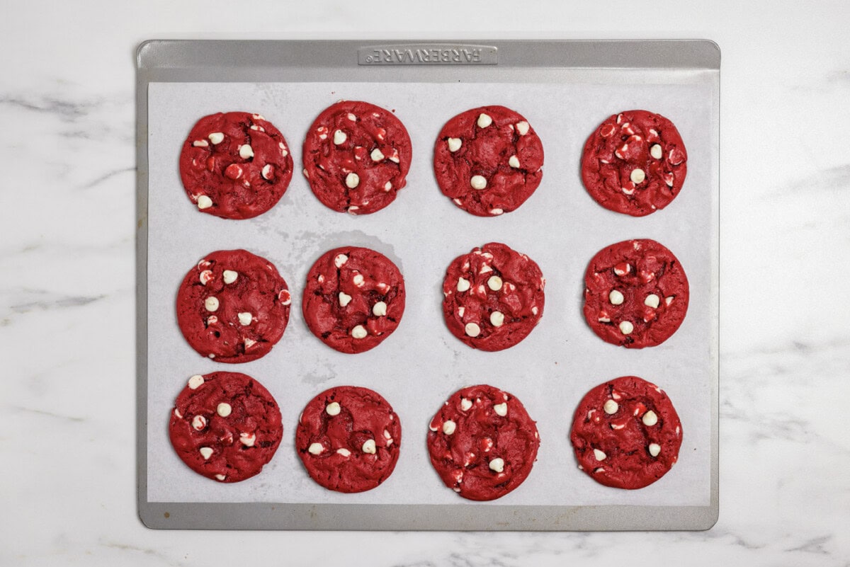 red velvet cookies on a baking sheet