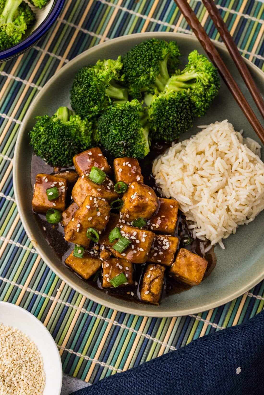 Plate of Teriyaki Tofu with broccoli and rice