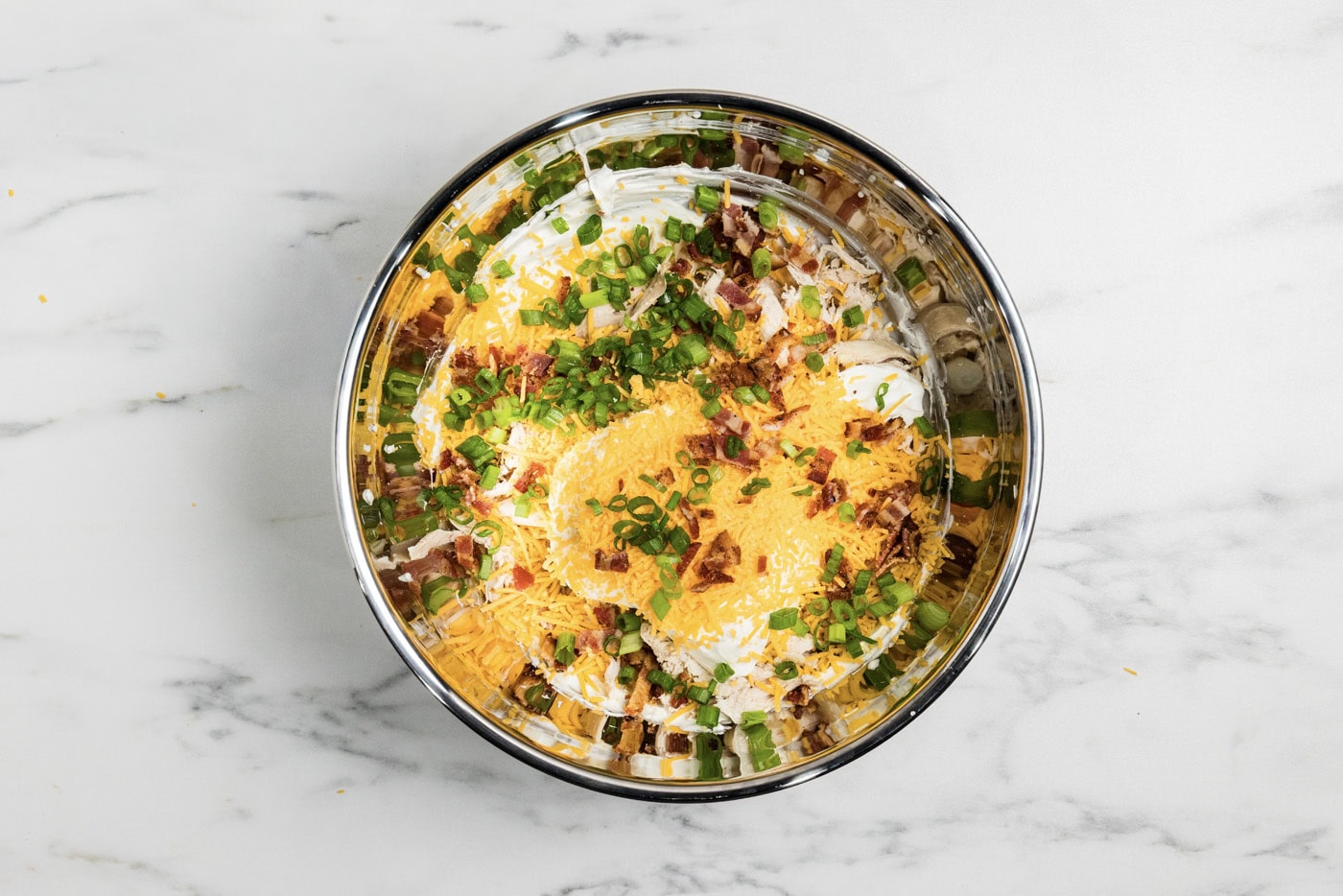 chicken bacon ranch dip ingredients together in a mixing bowl
