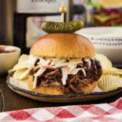 Close up photo of a Crockpot BBQ Beef Sandwich