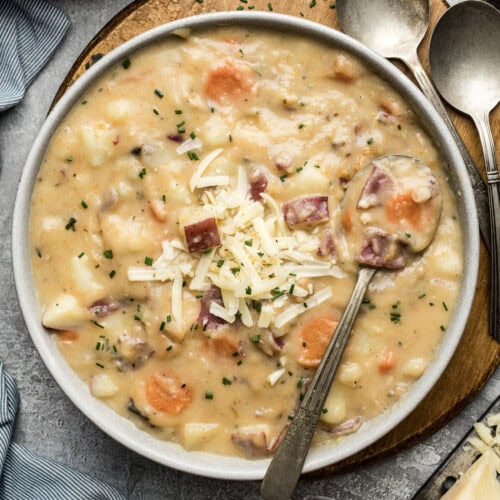 Close up photo of a bowl of Garlic Potato Soup