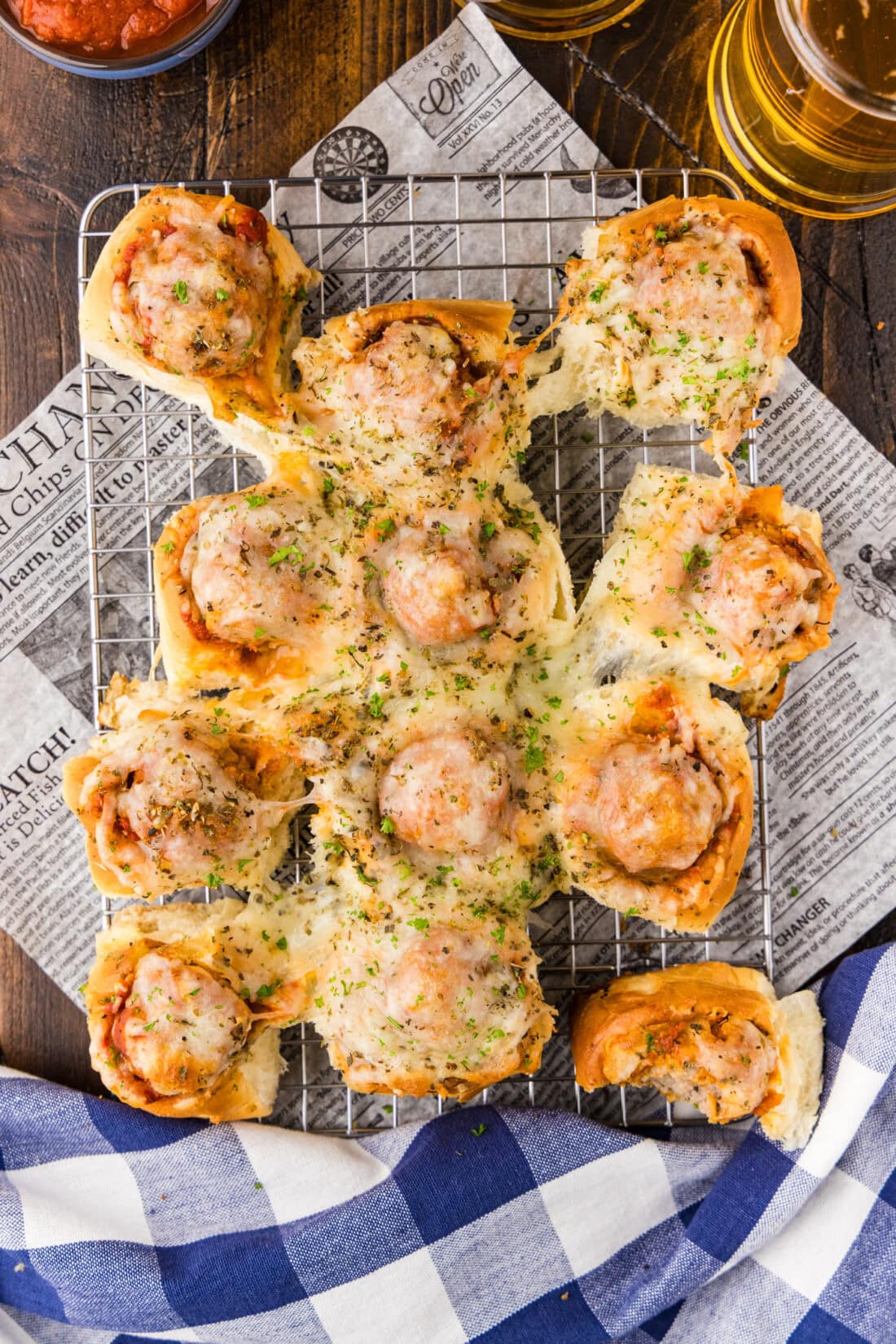 Meatball Sliders resting on a wire rack