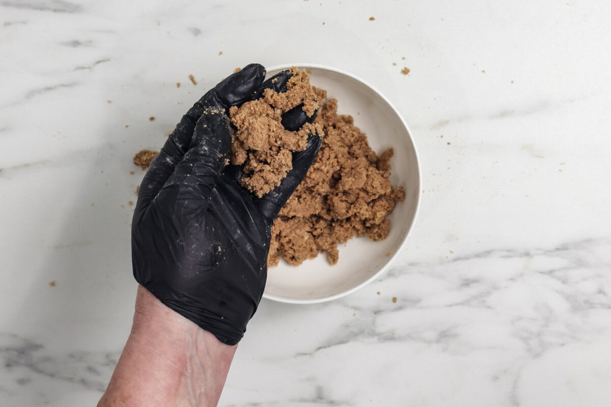 Gloved hand holding cinnamon streusel mixture