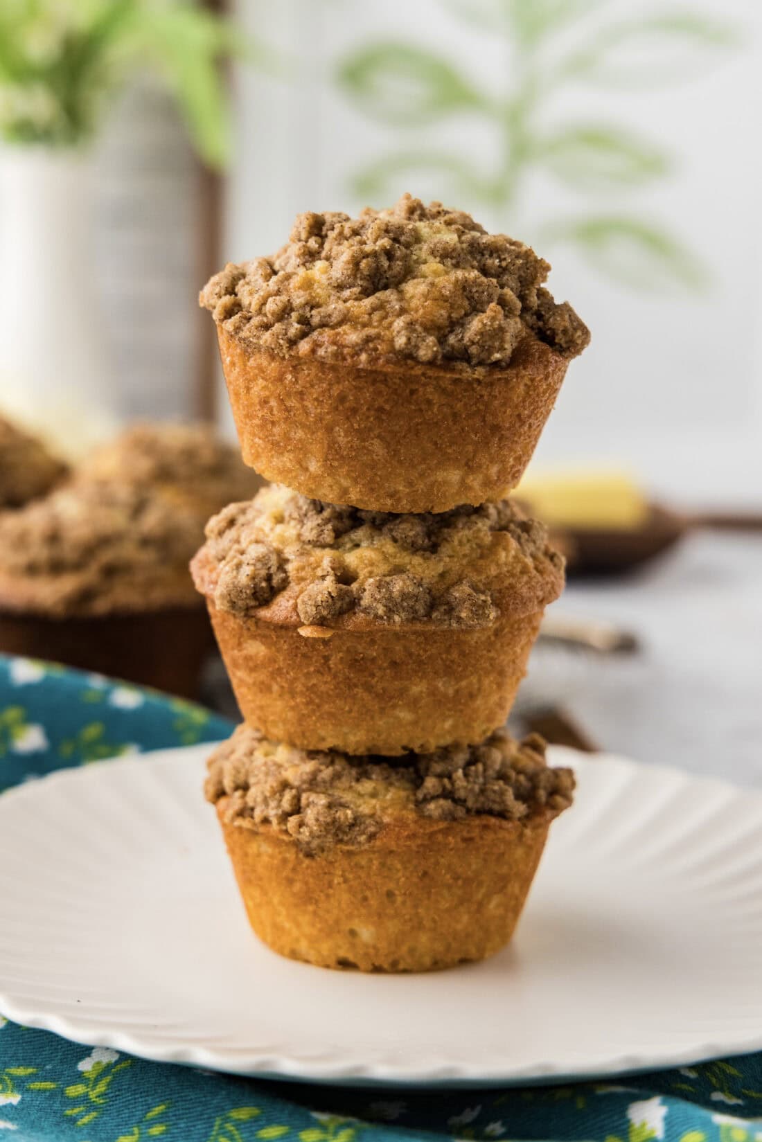 Stack of three Cinnamon Streusel Muffins