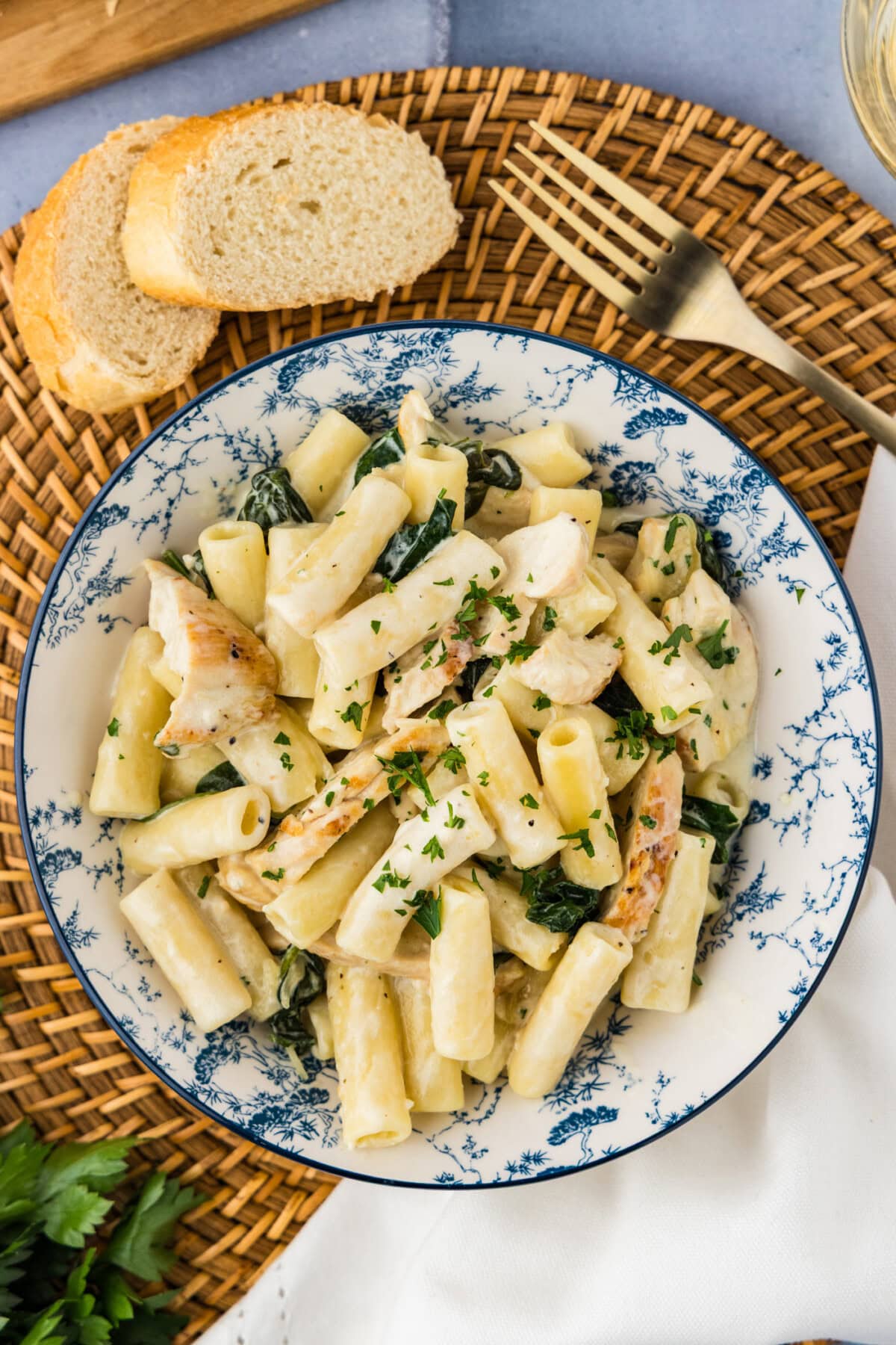 Overhead photo of a bowl of Garlic Chicken Pasta
