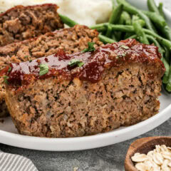 Close up photo of a slice of Quaker Oats Meatloaf on a plate