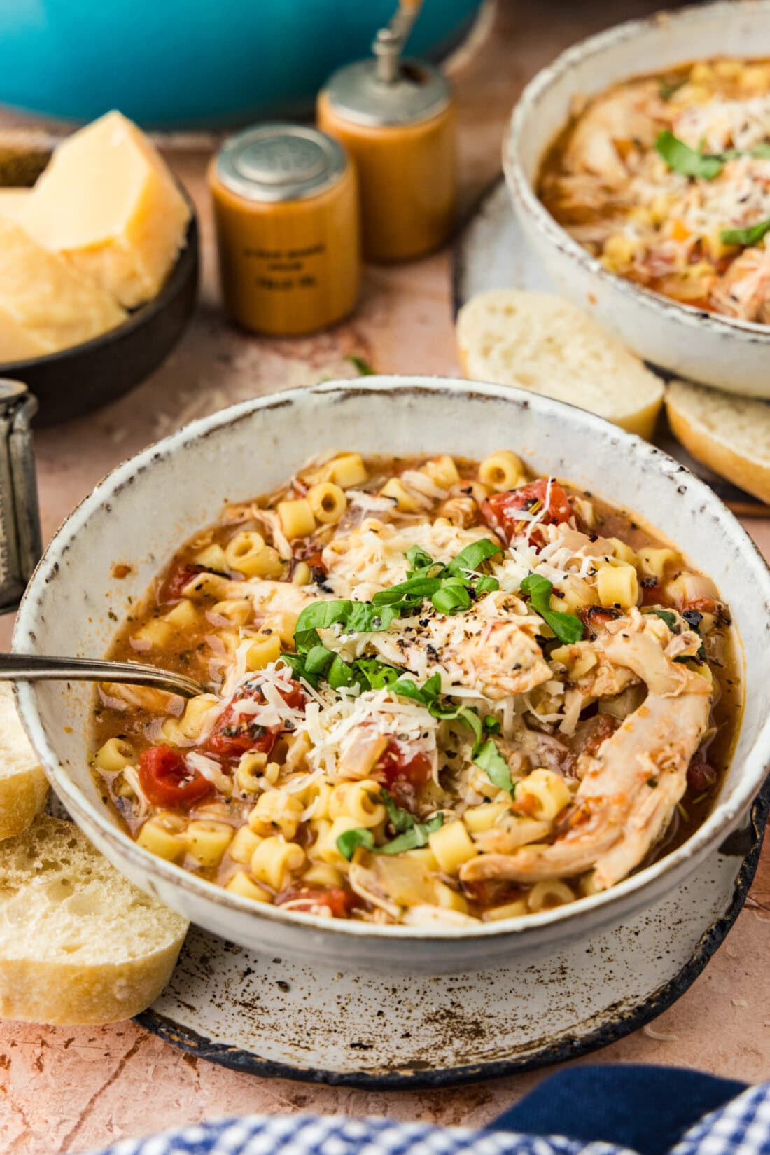 Close up photo of a bowl of Chicken Parmesan Soup