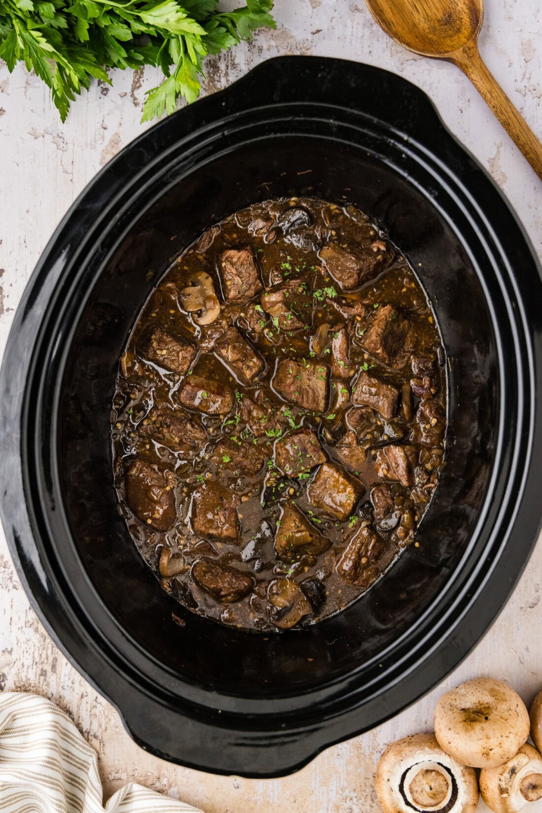 Overhead photo of a Crockpot of Crockpot Beef Tips and Gravy