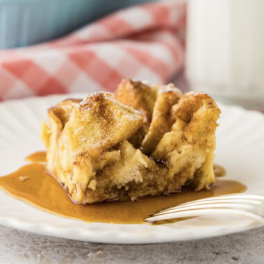 Close up photo of a slice of French Toast Casserole on a plate