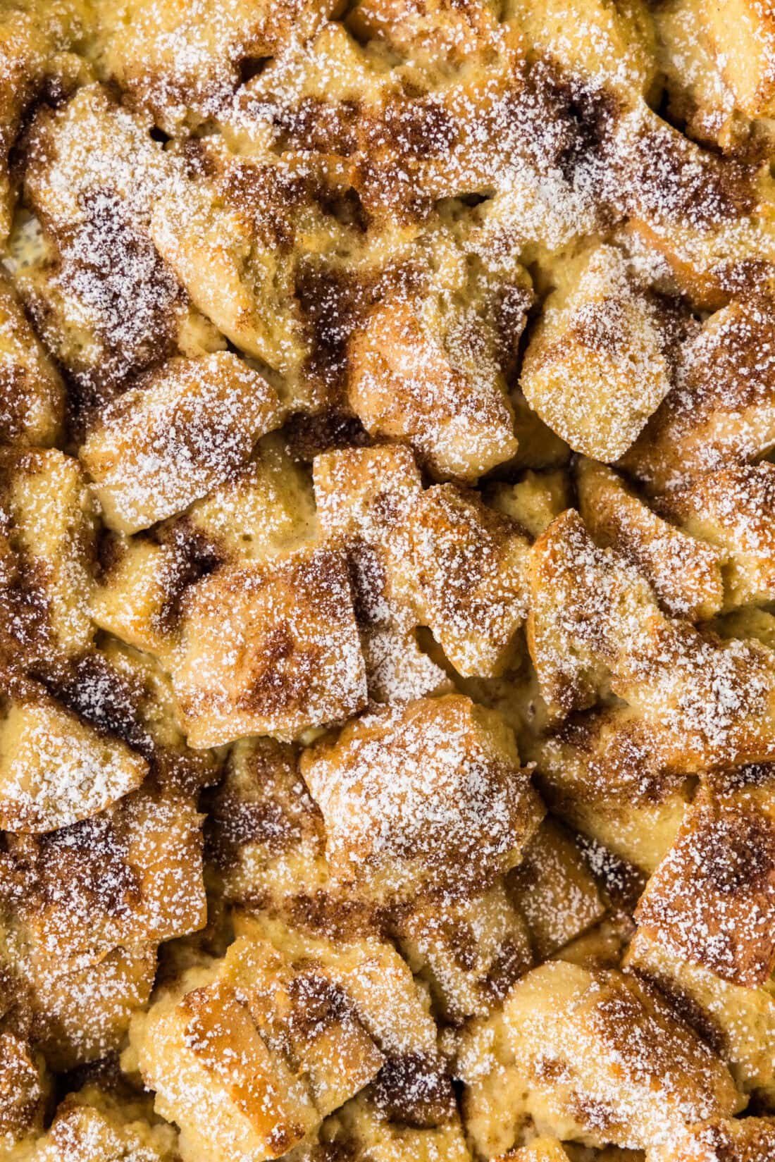 Close up photo of French Toast Casserole in a baking dish