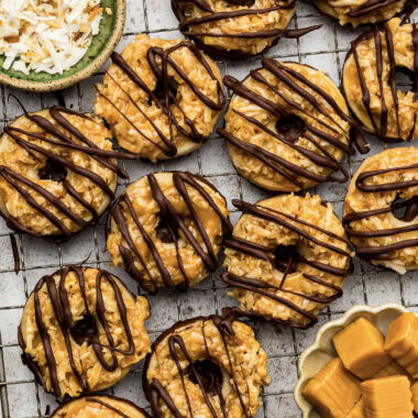 Close up photo of Homemade Samoas on a wire rack