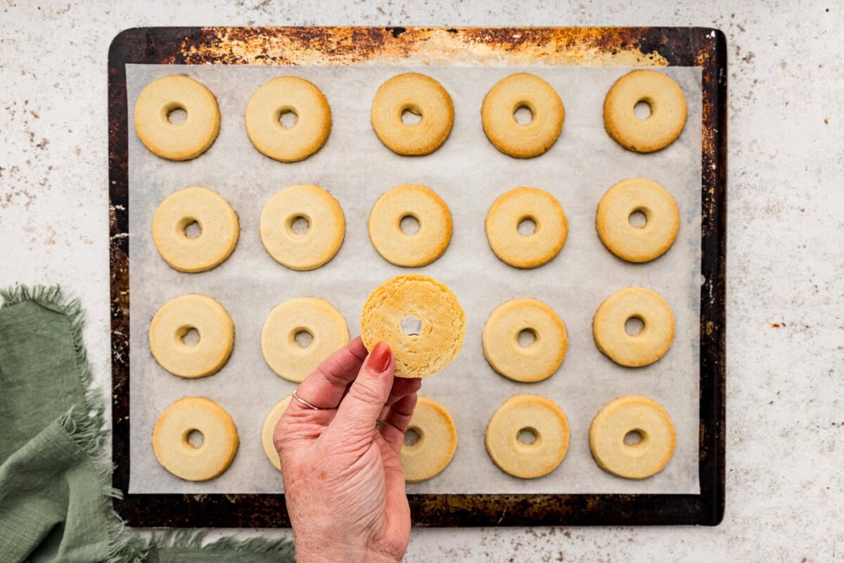 Hand holding baked shortbread cookie round over top baking sheet