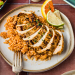 Baja Chicken sliced and served over rice
