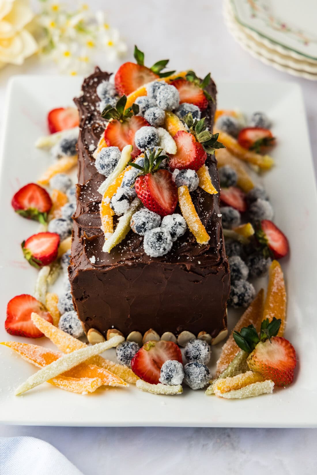 photo of chocolate covered cassata cake with candied fruits
