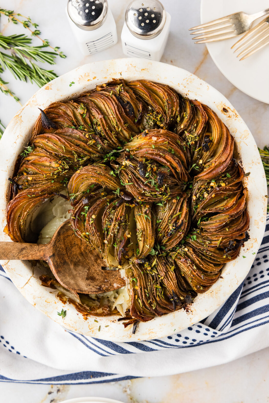 Pan of Crispy Roast Potatoes with a spoon in it