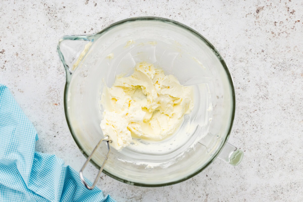 Creamed butter in a stand mixer bowl