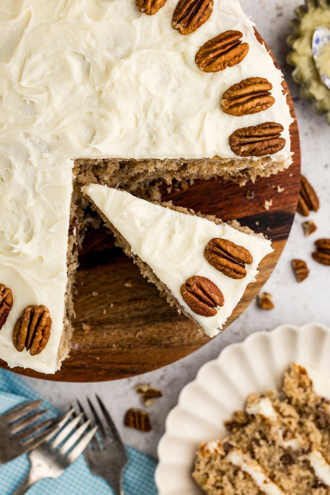Overhead photo of a Hummingbird Cake cut into slices