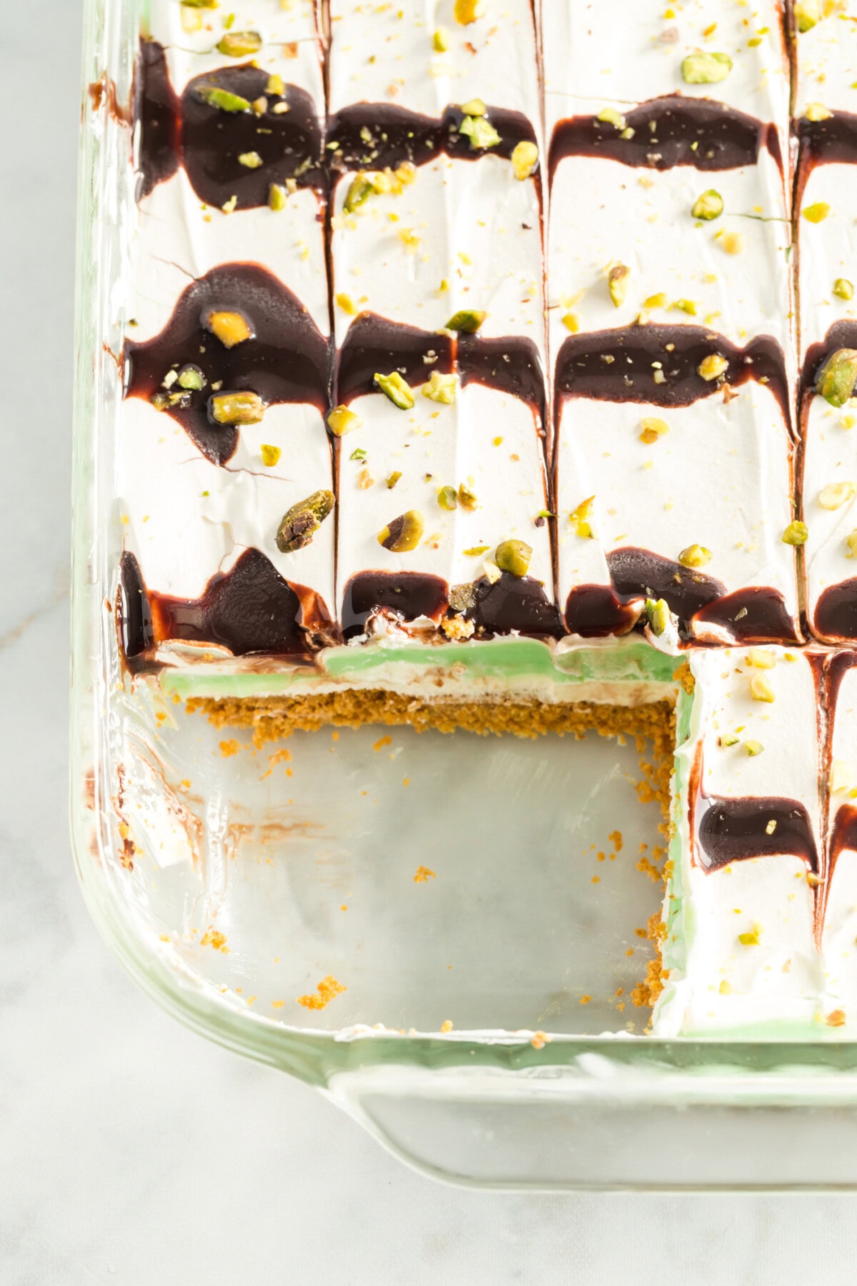 Pistachio Lush in a 13x9 pan with a slice removed