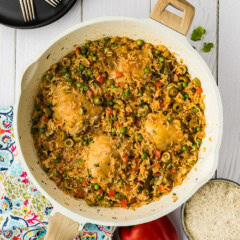 overhead photo of Arroz con Pollo in a skillet