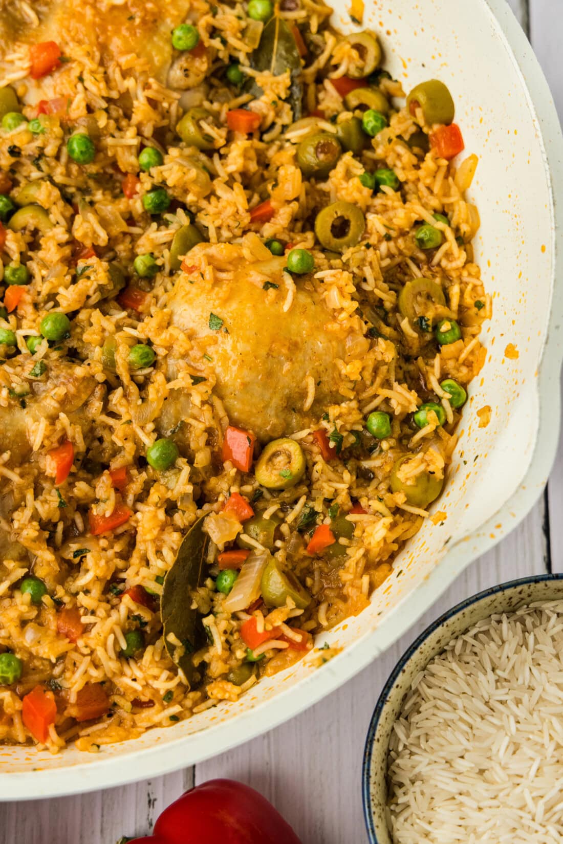 close up of Arroz con Pollo in a skillet