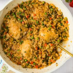 overhead picture of Arroz con Pollo in skillet