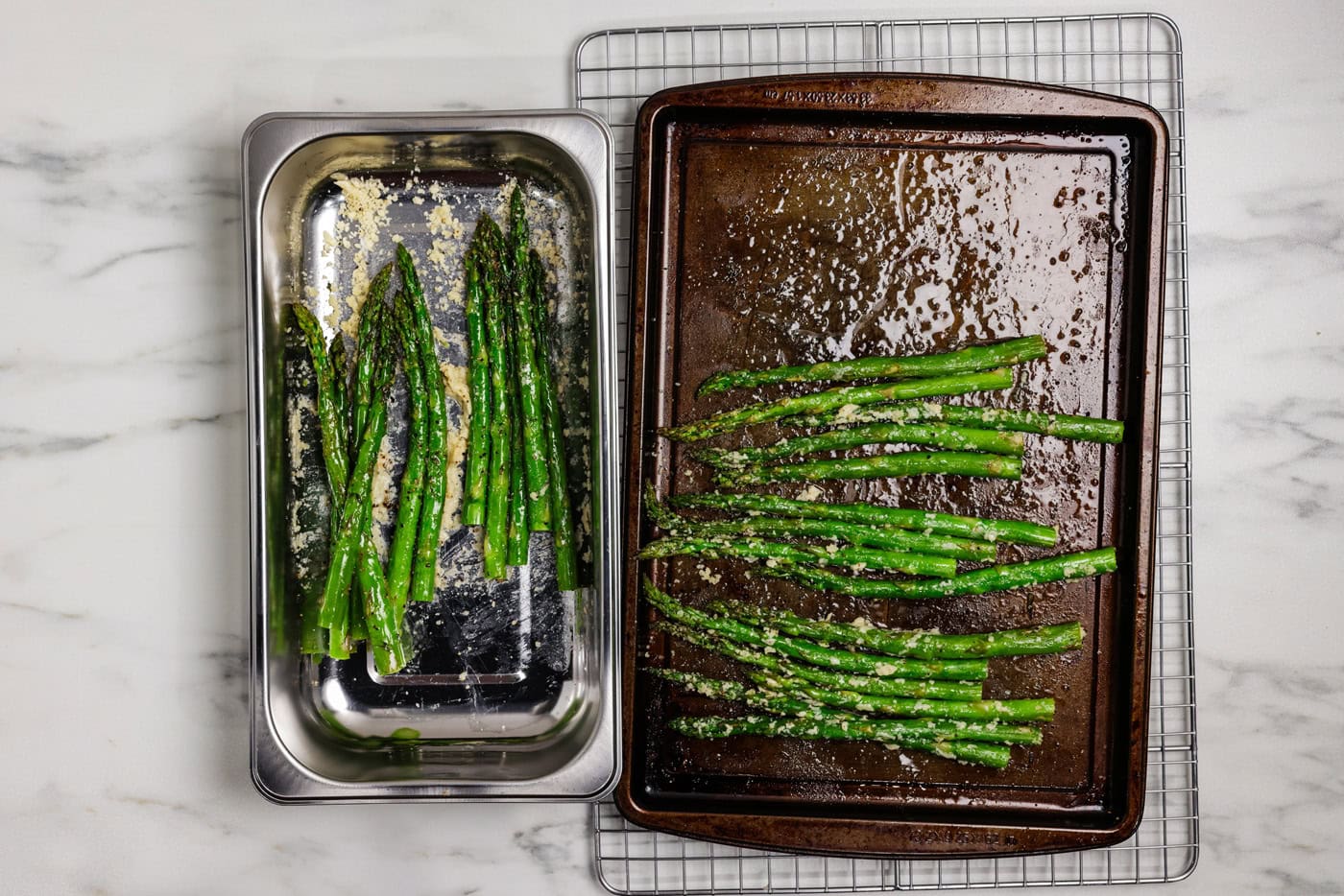 two pans of asparagus