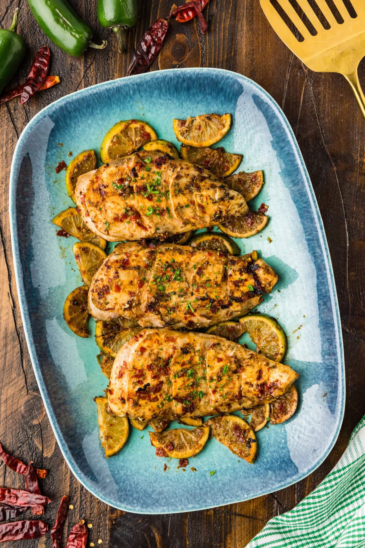overhead of Chile Lime Chicken on platter