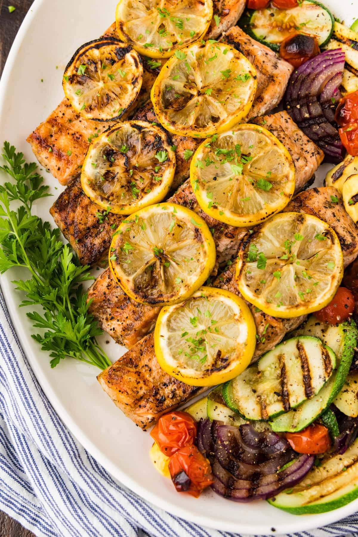 overhead of Grilled Lemon Salmon on platter
