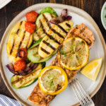 overhead of Grilled Lemon Salmon on plate