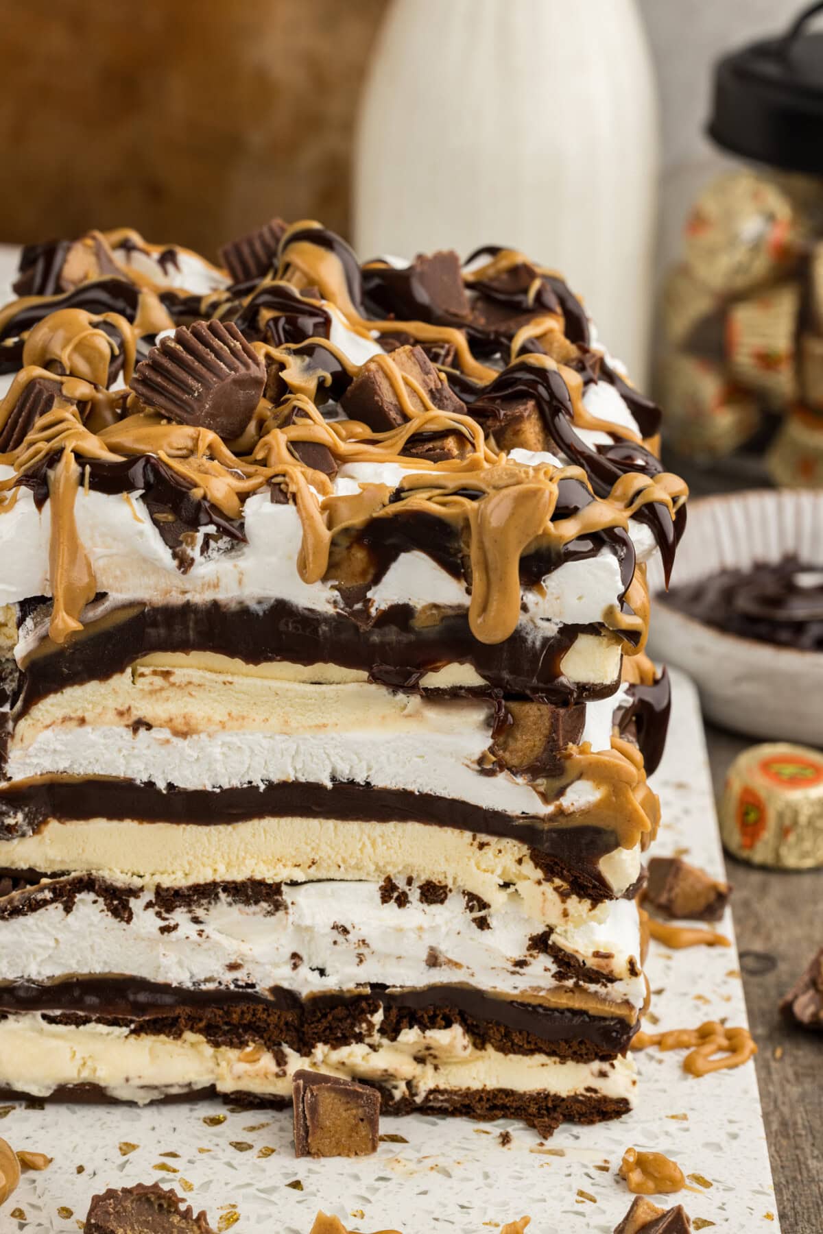 close up side view of sliced ice cream sandwich cake