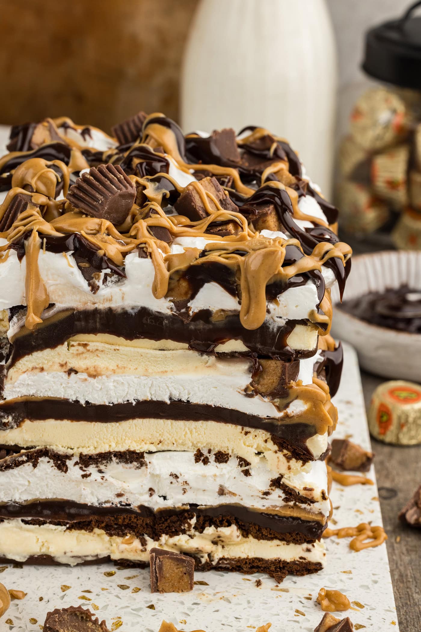 close up side view of sliced ice cream sandwich cake