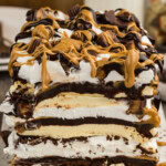 close up side view of ice cream sandwich cake