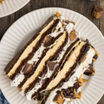 overhead photo of sliced ice cream sandwich cake on plate
