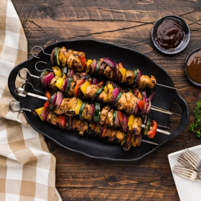 skewers of Marinated Grilled Chicken Kabobs on a platter