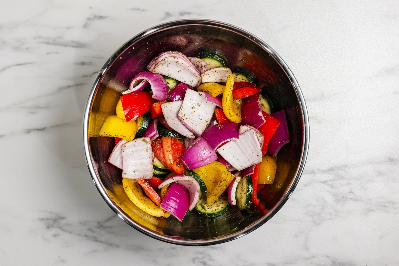various vegetables for kabobs in bowl