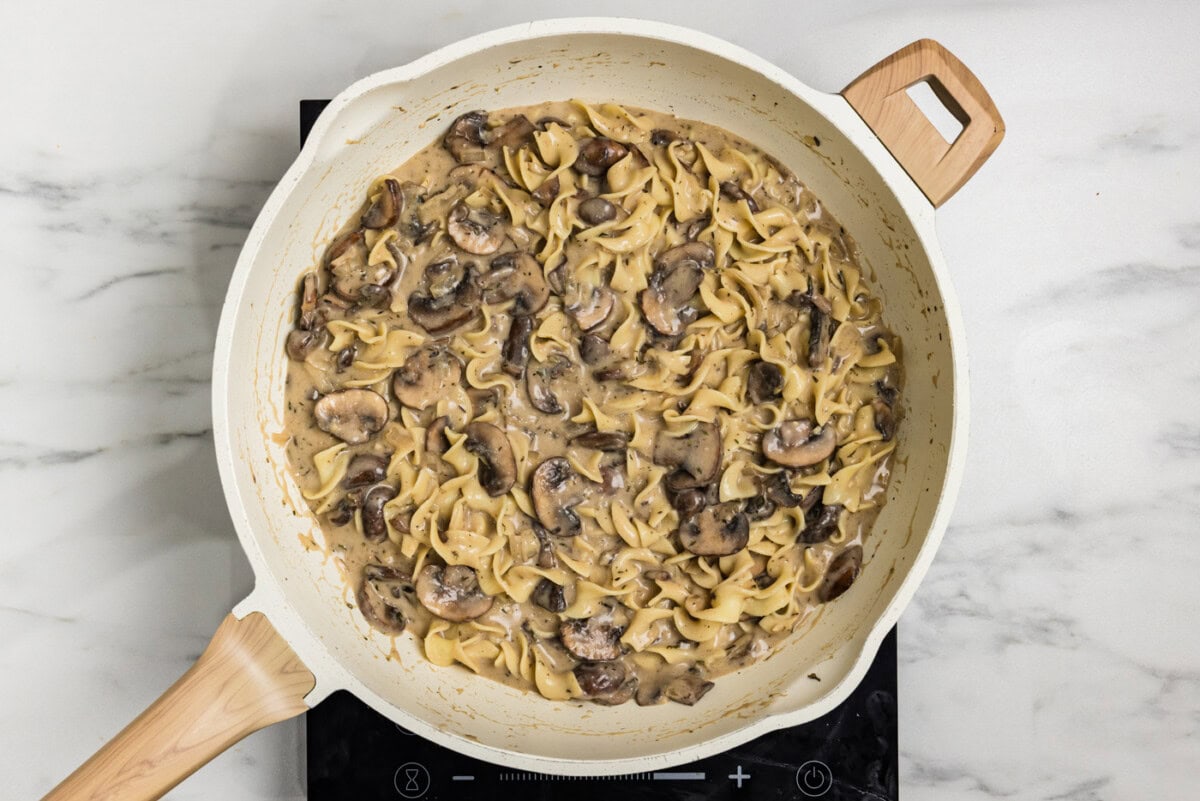 finished Mushroom Stroganoff in skillet